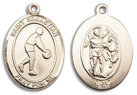 St Sebastian Basketball Medal - 14kt Gold Oval Pendant 3 Sizes