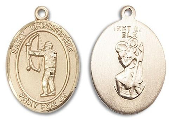 St Christopher Archery Medal - 14kt Gold Oval Pendant 3 Sizes