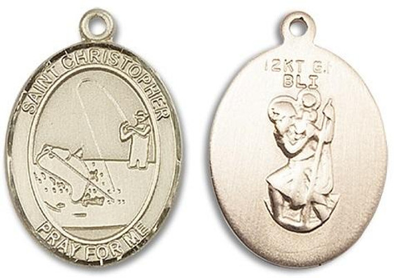 St Christopher Fishing Medal - 14kt Gold Oval Pendant 3 Sizes