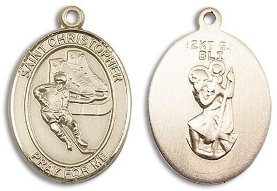 St Christopher Hockey Medal - 14kt Gold Oval Pendant 2 Sizes