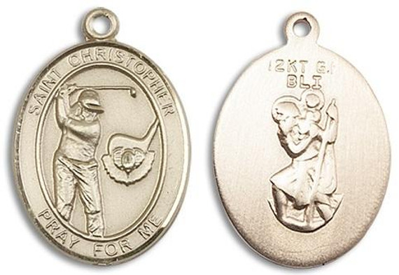 St Christopher Golf Medal - 14kt Gold Oval Pendant 2 Sizes