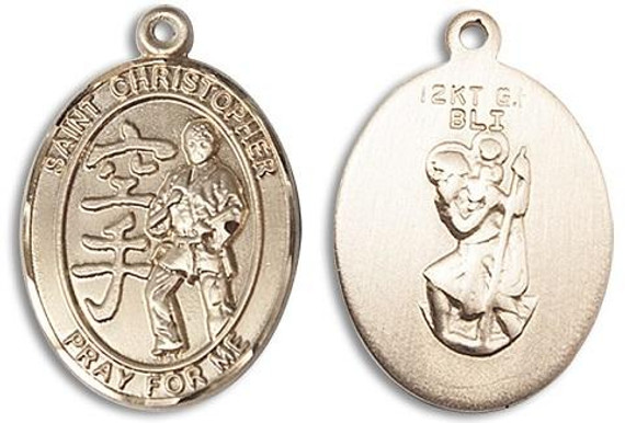 St Christopher Karate Medal - 14kt Gold Oval Pendant 2 Sizes