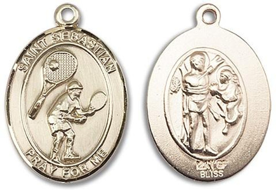 St Sebastian Tennis Medal - 14kt Gold Oval Pendant 2 Sizes