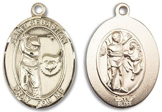 St Sebastian Mens Golf Medal - 14kt Gold Oval Pendant 2 Sizes