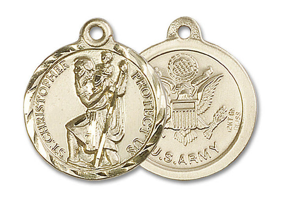 St Christopher Army Medal - 14kt Gold 7/8 x 3/4 Round Pendant 0192