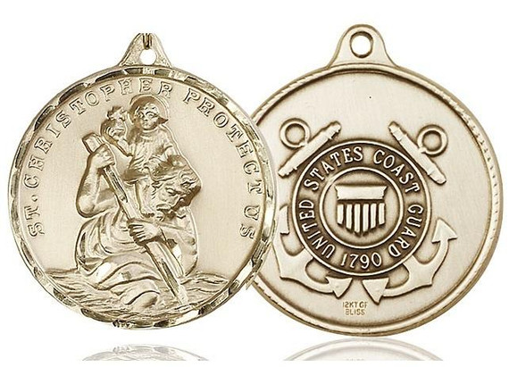 Extra Large St Christopher Coast Guard Medal - 14kt Gold 1 3/8 x 1 1/4 Round Pendant 0203