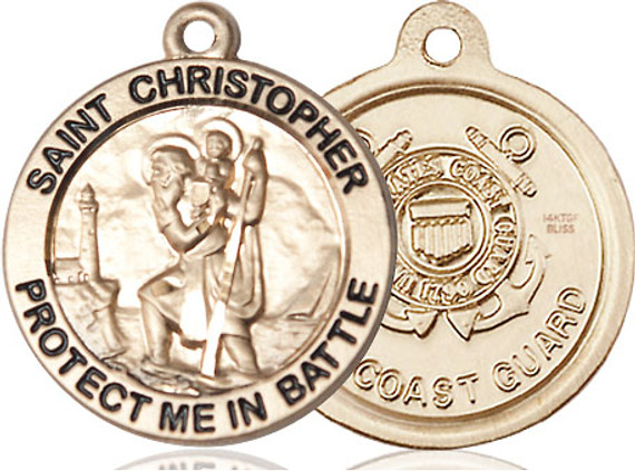 Large St. Christopher Coast Guard Medal - 14kt Gold 1" x 7/8" Round Pendant (1174)