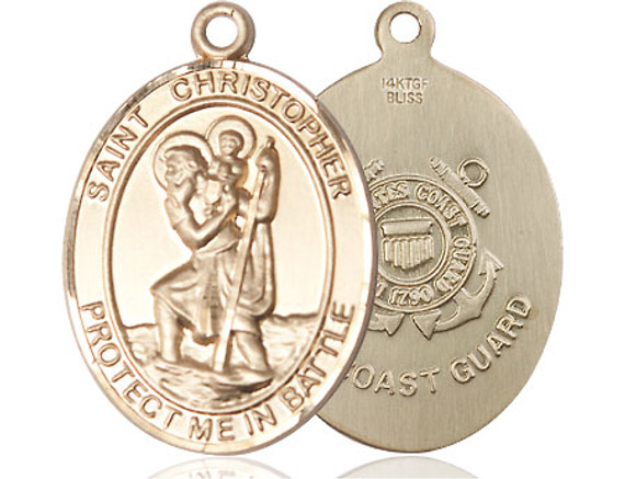 St. Christopher Coast Guard Medal - 14kt Gold Oval Pendant (2 Sizes)
