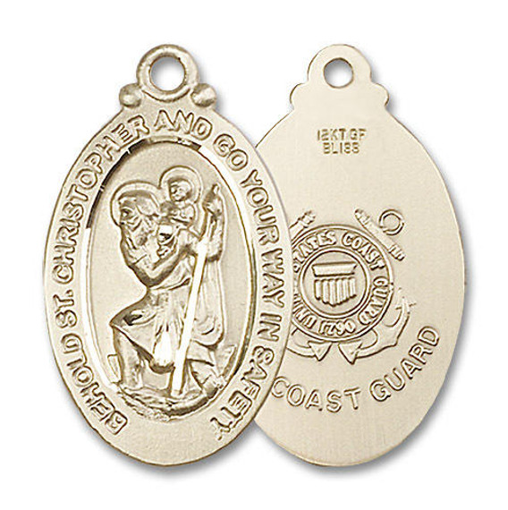 Large St Christopher Coast Guard Medal - 14kt Gold 1 1/8 x 5/8 Oval Pendant 4145