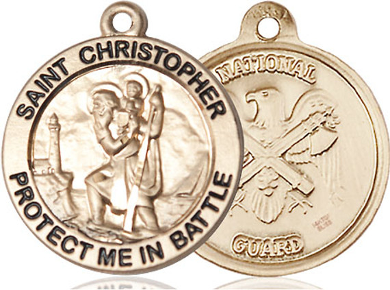 Large St. Christopher National Guard Medal - 14kt Gold 1" x 7/8" Round Pendant (1174)