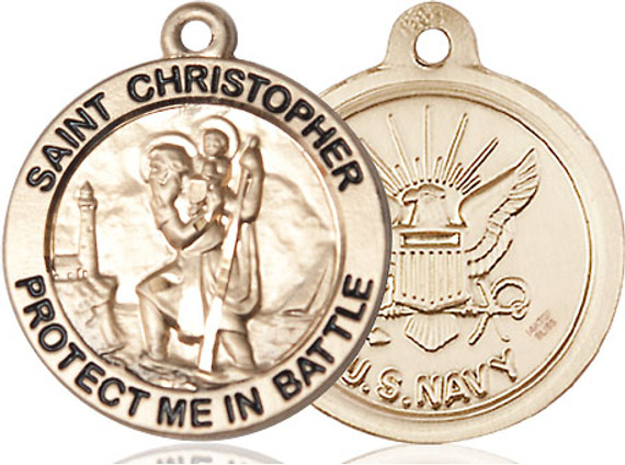Large St. Christopher Navy Medal - 14kt Gold 1" x 7/8" Round Pendant (1174)