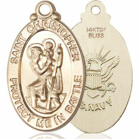 Large St Christopher Navy Medal - 14kt Gold 1 1/8 x 5/8 Oval Pendant 1175