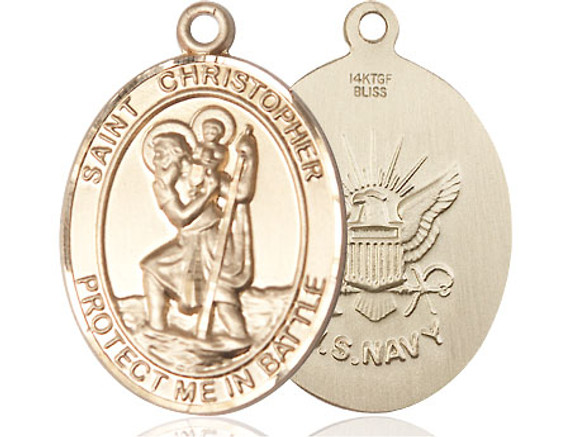 St. Christopher Navy Medal - 14kt Gold Oval Pendant (2 Sizes)