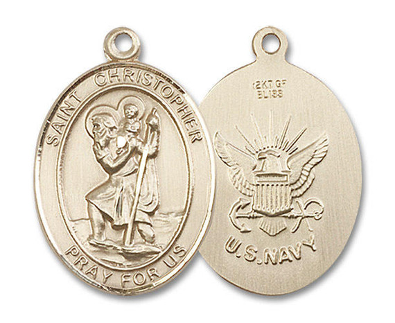 St Christopher Navy Medal - 14kt Gold Oval Pendant 3 Sizes