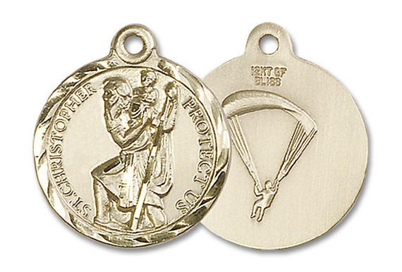 St Christopher Paratrooper Medal - 14kt Gold 7/8 x 3/4 Round Pendant 0192