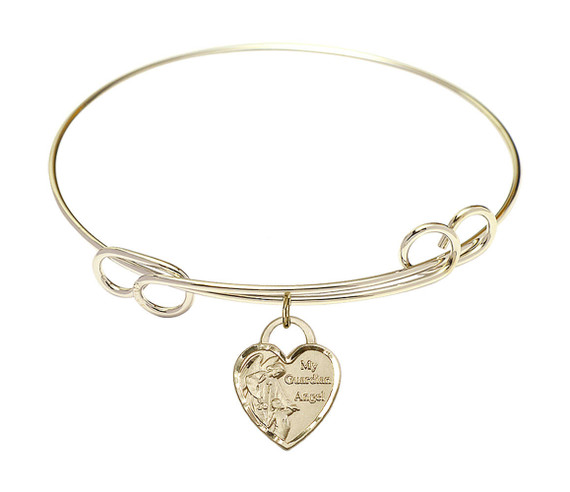 Guardian Angel Heart Double Loop Bangle Bracelet - Gold-Filled Charm