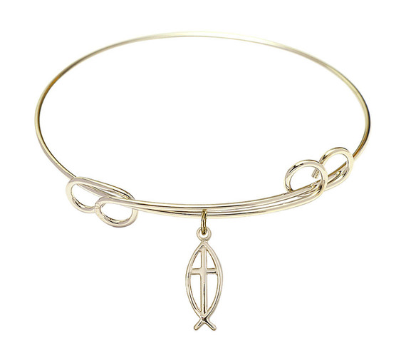 Fish - Cross Double Loop Bangle Bracelet - Gold-Filled Charm