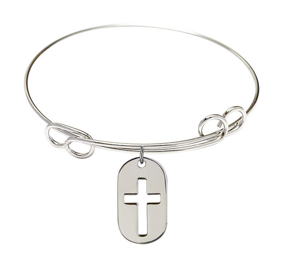 Cross Dog Tag Double Loop Bangle Bracelet - Sterling Silver Charm