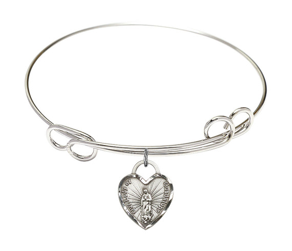 Our Lady of Guadalupe Heart Double Loop Bangle Bracelet - Sterling Silver Charm