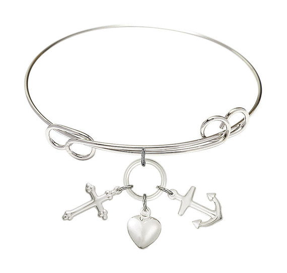 Faith, Hope and Charity Double Loop Bangle Bracelet - Sterling Silver Charm