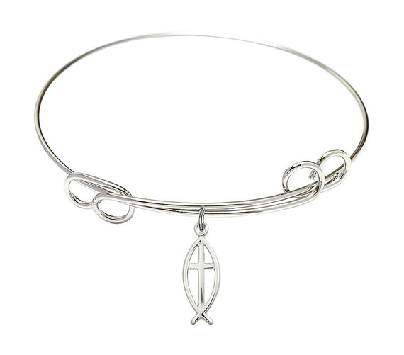 Fish - Cross Double Loop Bangle Bracelet - Sterling Silver Charm