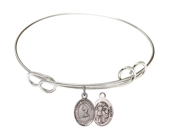 St Sebastian - Skiing Double Loop Bangle Bracelet - Sterling Silver Charm