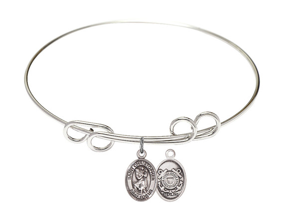 St Christopher - Coast Guard Double Loop Bangle Bracelet - Sterling Silver Charm