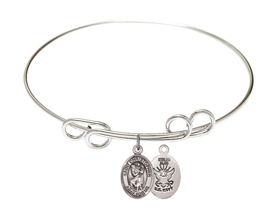 St Christopher - Navy Double Loop Bangle Bracelet - Sterling Silver Charm - 8 Inch