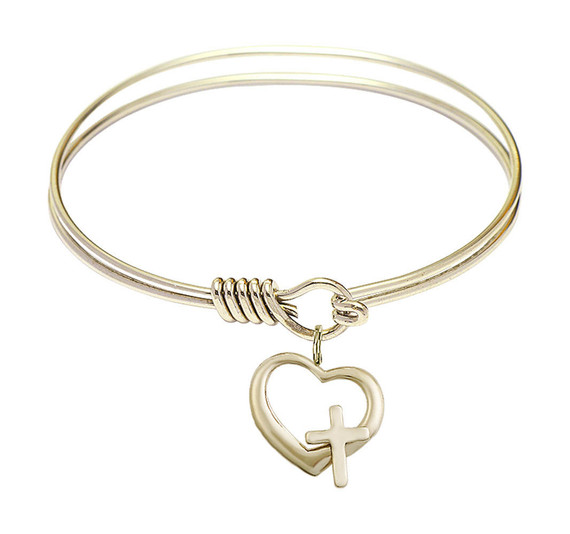 Heart - Cross Round Eye Hook Bangle Bracelet - Gold-Filled Charm - 6.25 Inch 4207GF