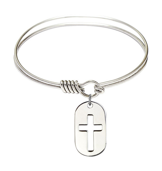 Cross Dog Tag Round Eye Hook Bangle Bracelet - Sterling Silver Charm - 6.25 Inch 0111DTSS