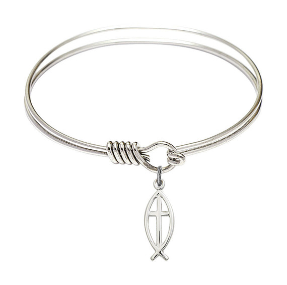 Fish - Cross Round Eye Hook Bangle Bracelet - Sterling Silver Charm - 6.25 Inch 4251SS