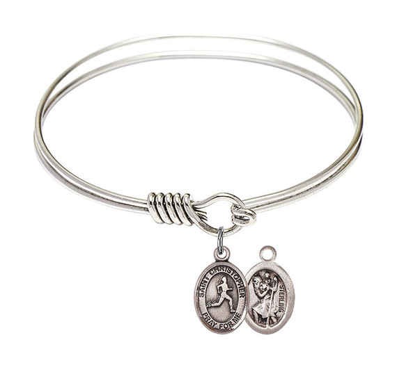 St Christopher - Track And Field Round Eye Hook Bangle Bracelet - Sterling Silver Charm - 6.25 Inch 9149SS