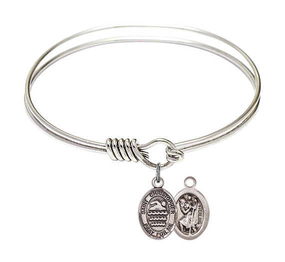 St Christopher - Swimming Round Eye Hook Bangle Bracelet - Sterling Silver Charm - 6.25 Inch 9157SS