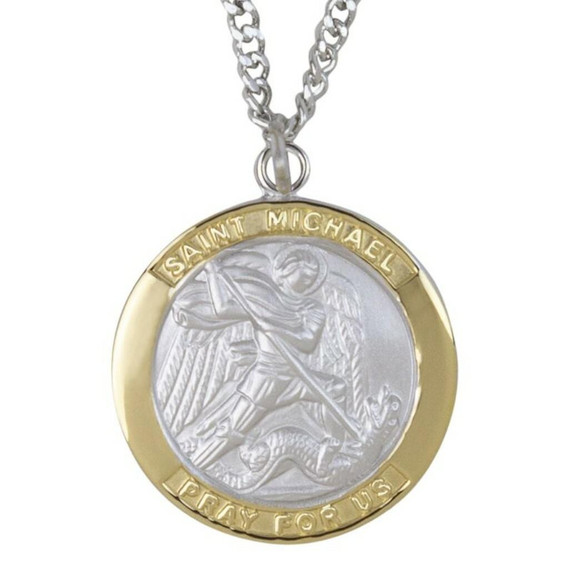 SINGER St Michael Necklace - Round Two Tone Sterling Silver Medal On 24 Stainless Chain SM9631SH