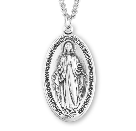 Men's Miraculous Medal Necklace - Sterling Silver Medal On 24" Stainless Chain