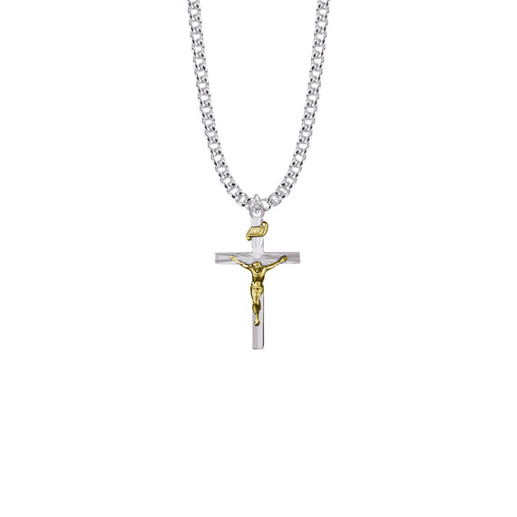 Two-Tone Starburst Sterling Silver Crucifix Necklace with 20" Stainless Steel Chain