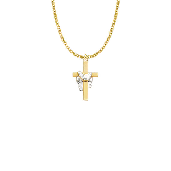 24KT Gold Over Sterling Silver 2-Tone Robe Cross Necklace with 18" Gold Plated Chain