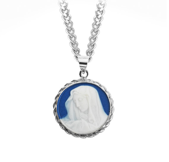 Our Lady of Sorrows Cameo Necklace - Sterling Silver Frame Pendant on 18" Stainless Chain
