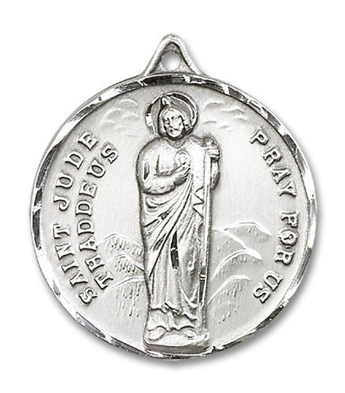 Extra Large St Jude Thaddeus Medal - Sterling Silver 1 3/8 x 1 1/8 Round Pendant 0203JSS