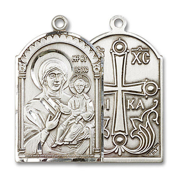 Mother of God Icon Medal - Sterling Silver 1 1/8 x 5/8 Pendant 0267SS