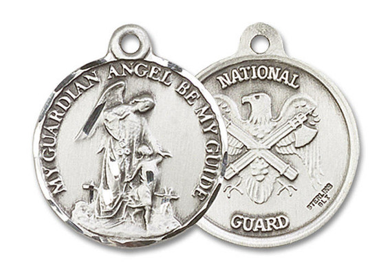 Guardian Angel National Guard Medal - Sterling Silver 7/8 x 3/4 Round Pendant 0341SS5