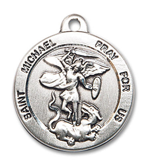 St Michael Pray For Us Medal - Sterling Silver 7/8 x 3/4 Round Pendant 0343SS