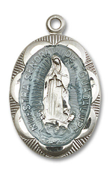 Embellished Blue Our Lady of Guadalupe Medal - Sterling Silver 1 x 5/8 Oval Pendant 0801EFSS