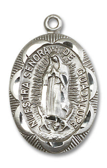 Embellished Nuestra Senora de Guadalupe Medal - Sterling Silver 1 x 5/8 Oval Pendant 0801FSS