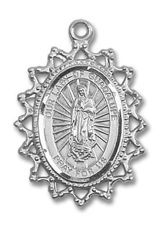 Filligree Large Our Lady of Guadalupe Medal - Sterling Silver 1 x 3/4 Pendant 1619FSS