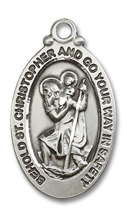 Large Behold St Christopher Medal - Sterling Silver 1 1/8 x 5/8 Oval Pendant 4145CSS