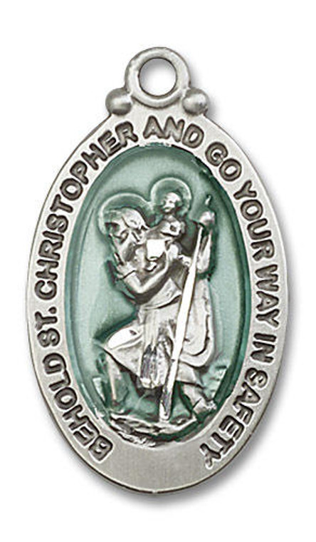 Large Blue Behold St Christopher Medal - Sterling Silver 1 1/8 x 5/8 Oval Pendant 4145ECSS