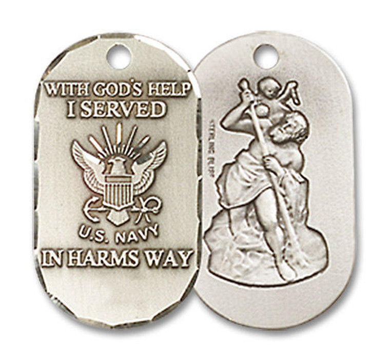 St Christopher Navy Dog Tag Pendant - Sterling Silver 3/4 x 3/8 M26SS6