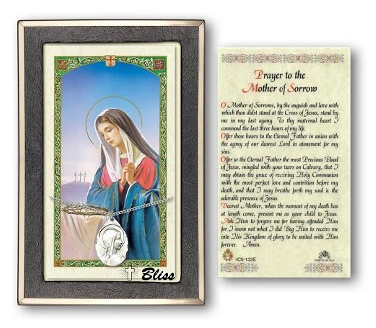 Sorrowful Mother Medal With Prayer Card - Sterling Silver 7/8 x 1/2 Oval Pendant PC0599SS