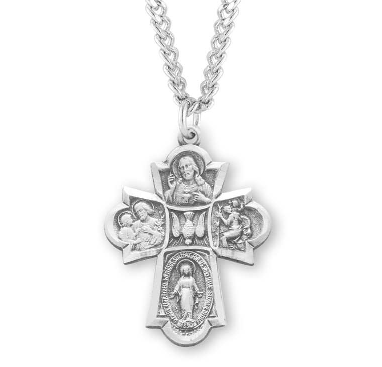Men's 5-Way Medal Necklace - Sterling Silver 1.2" x 0.9" Medal On 24" Stainless Chain